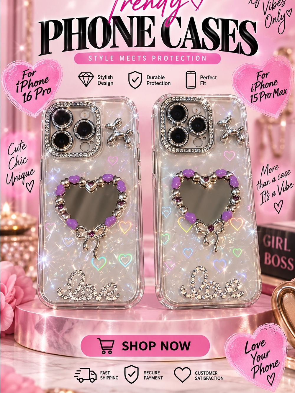 Clear Decorative Phone Case with Purple Heart Accent – Compatible Models
